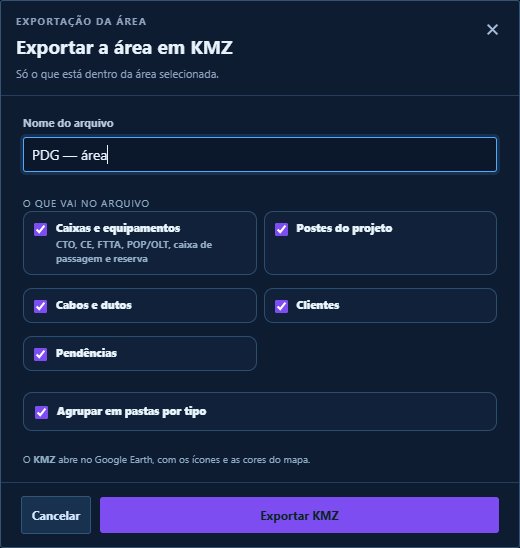 a tela de exportação da área: nome do arquivo e a lista do que vai dentro, com as camadas marcadas