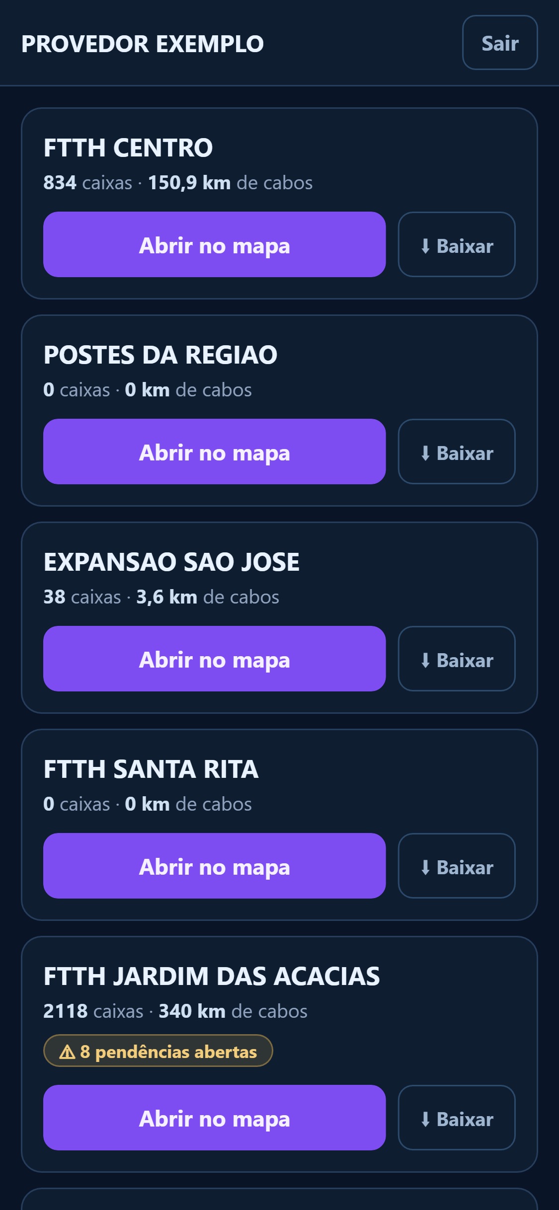 a lista de projetos no app do técnico