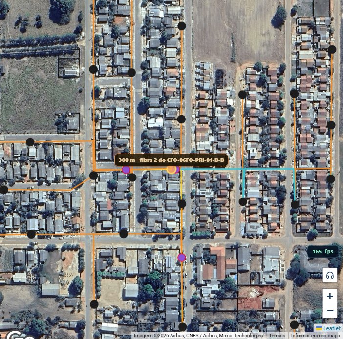 o marcador do OTDR plantado no mapa: a distância medida virou um ponto exato sobre o traçado do cabo