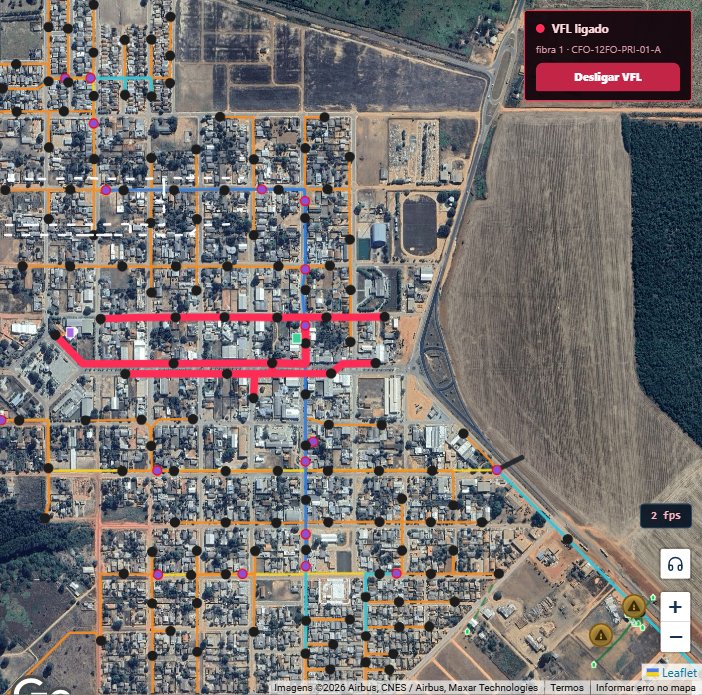 a luz do VFL acesa no mapa: o caminho da fibra em vermelho saindo do POP e atravessando as caixas
